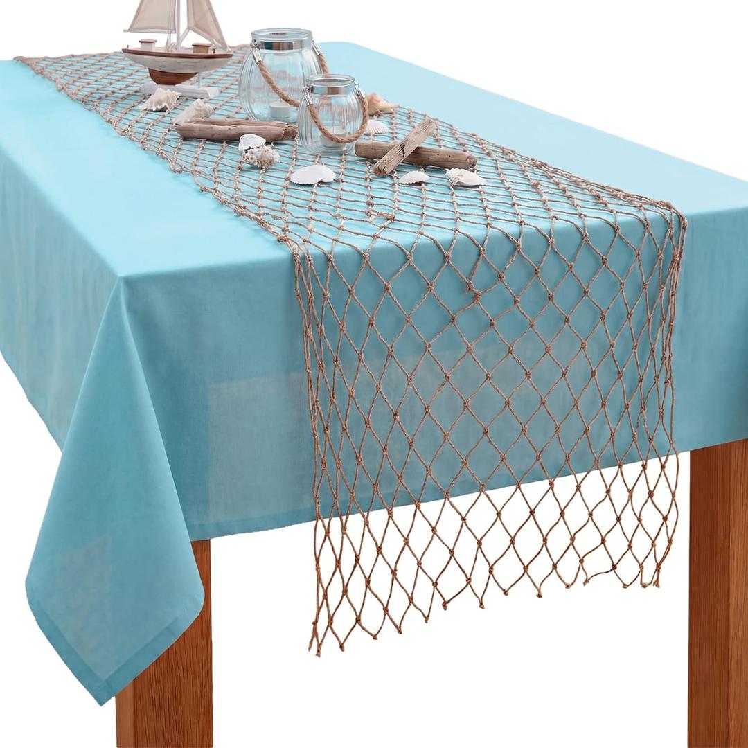 SATINIOR 1 Pcs Fish Net Party Decorations Fishing Net Table Runner Decorative Nautical Cotton Fishnet for Pirate Mermaid Hawaiian Ocean Beach Under the Sea Themed Party Decor (Linen)