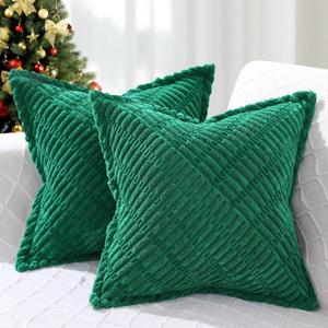 decorUhome Decorative Christmas Green Throw Pillow Covers 16x16 Set of 2 with Splicing, Boho Soft Neutral Corduroy Broadside Twill Pillow Covers for Couch Bed Sofa Living Room