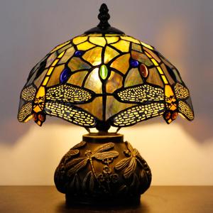 Small Tiffany Table Lamp Brown Dragonfly Style Stained Glass Desk Lamp 10X11.5 Inch Mushroom Table Light for Office Home Living Room Bedroom