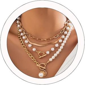Gold Layered Pearl Chain Necklace - Chunky, Multilayered Design for Women
