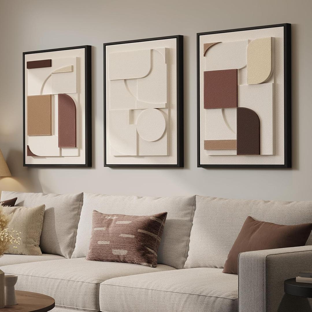 3D Textured Framed Neutral Wall Art, Brown Tan Beige Geometric Texture Artwork for Walls, 3 Piece Minimalist Modern Sandstone Art Painting for Living Room Hallway Office Kitchen Wall Decor, 16x24 Inch