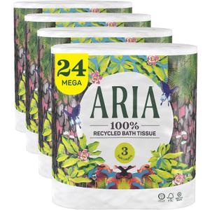 Aria 100% Recycled Toilet Paper, 24 Rolls, 3-Ply Soft Bath Tissue, Paper Packaging