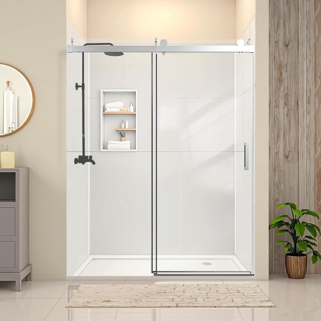 56-60 in. W x 76 in. H Frameless Shower Door Soft-Close with Buffer, Single Sliding Glass Shower Door with 3/8 in. Tempered Clear Glass, Stainless Steel Handle, Easy to Install, Chrome