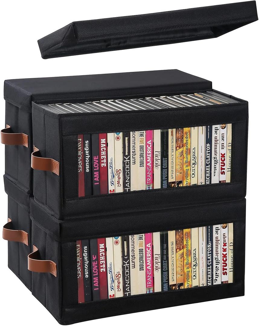 4 Packs DVD Storage Box with Visible Window, Dustproof DVD Case Holder Organizer with Lid and Handles, Holds Up to 104 Cases, CD Holder for Blu-ray & CD Storage-15.75 x 6.10 x 8.07In (Black)