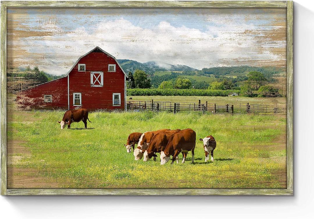 Wood Print Farmhouse Wall Art: Red Barn Nature Rural Cow Cattle Artwork Rustic Framed Picture Quiet Countryside Landscape Painting Farm Forest Gallery Ready to Hang for Bedroom Living Room Bathroom, 36"L x 24"W