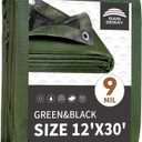 RAINDEWAY Tarps 12x30 Feet,Tarp Waterproof,9Mil Thick Finished Size, Multipurpose Poly Tarp Cover with Metal Grommets and Reinforced Edges,Green/Black Tarpaulin