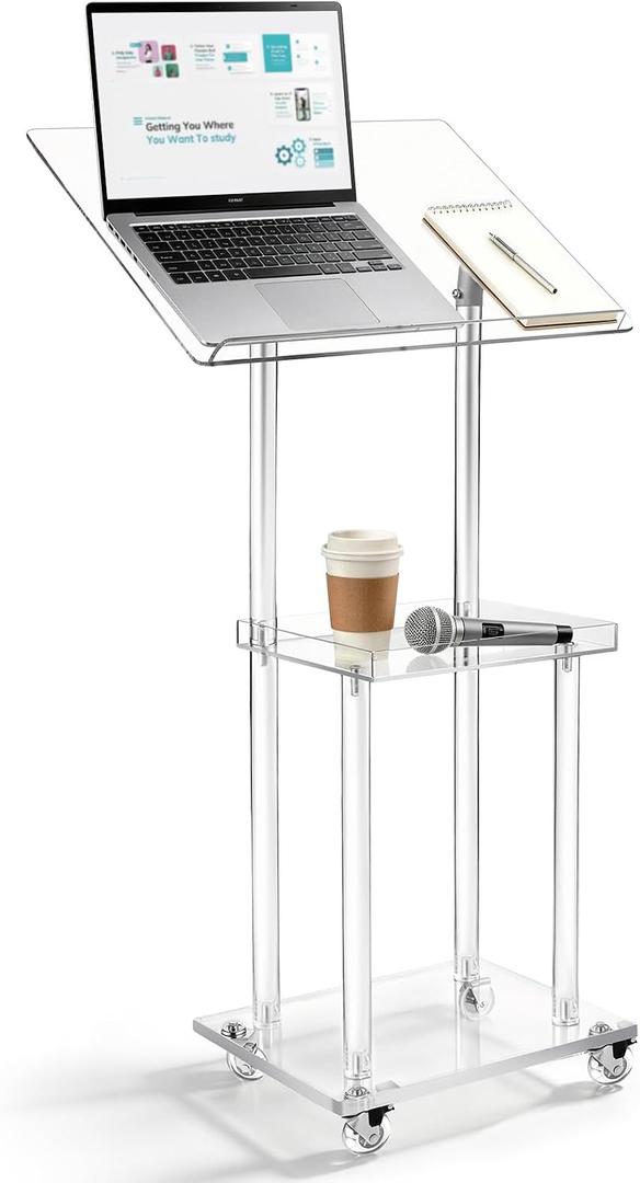 Large Acrylic Podium with Wheels, Adjustable Lectern with Storage Shelf