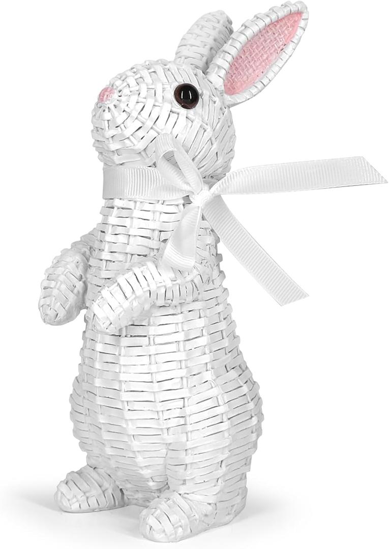 Rattan Effect Resin Bunny Easter Decor,Table Rabbit Easter Decorations,Spring Bunnies Decoration Statue Figurine for Home Farmhouse (White, Small-Stand)