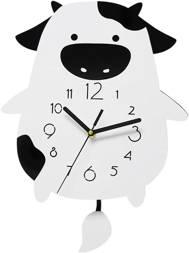 NOLITOY Wall Clock Creative Cow, Animal Acrylic Wall Clock with Swing Tail Pendulum Silent Non-Ticking Wall Clock for Living Room Bedroom Home Decor Battery Not Included