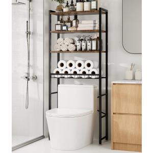4-Tier Over-the-Toilet Storage Rack with One-Piece Wooden Shelves & Open Net Basket, Bathroom Organizer with Adjustable Feet & Anti-Tip Kit, Space-Saving Toilet Shelf, Brown, 24.4" x 9.4" x 69.3"