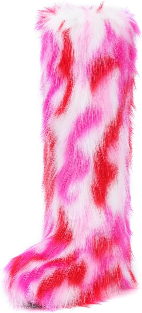 IXU Women's Faux Fur Boot Furry Fluffy Round Toe Suede Winter Comfy Plush Warm Short Outdoor Indoor Flat Shoes Knee-High Boots (8.5, Red/Pink)