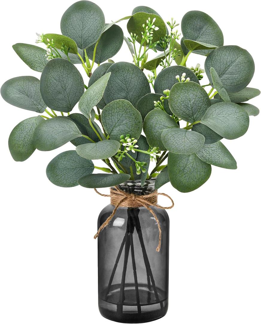 Der Rose 13.5" Fake Plants for Black Bathroom Decor Artificial Eucalyptus Stems in Black Glass Vase with Faux Water for Office Desk Accessories Farmhouse Home Table Centerpiece Decor Sage Green