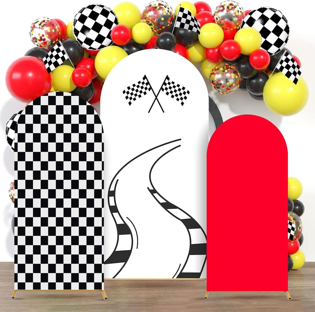 3 Pcs Race Car Arch Backdrop Cover 4Ft, 5Ft, 6Ft Arch Covers Black White Checkered Racing Theme Party Arch Backdrop Racing Track for Birthday Wedding Baby Shower Party Decor(Only cover ,No arch frame)
