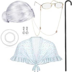 BBTO 100 Days of School Costume Old Lady Costume for Kids Granny Wig Shawl Grandma Outifits with Glasses and Accessories