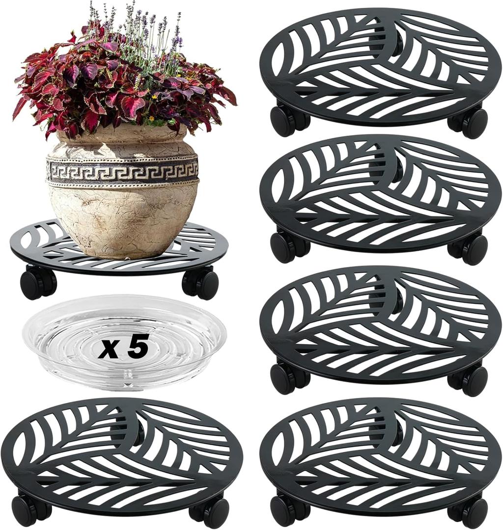 5 Packs Large Metal Plant Caddy with PU Wheels 12" Heavy-Duty Wrought Iron Rolling Plant Stands Indoor Outdoor Wheeled Plant Dolly Planter Mover Rollers Plant, Leaf Style