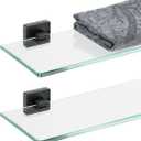 JQK Bathroom Glass Shelf Black, Tempered Glass Shower Storage 12 by 5 inches, 304 Stainless Steel Matte Black Wall Mount 2 Pack, TGS201L12-PB-P2