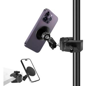Mic Stand Phone Holder, for MagSafe Phone Holder with Clamp, Dual Ball Head 360 Swivel Magnetic Microphone Stand Phone Mount Clip for iPhone 16 15 14 MAX Pro Samsung Galaxy and Any Smartphones Black