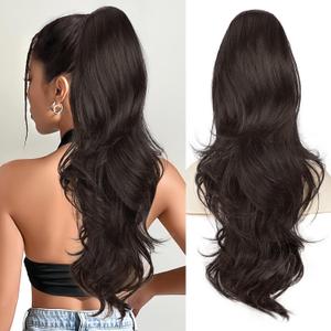 BOGSEA Ponytail Extension 26 Inch Drawstring Ponytail Extension for Women Long Wavy Hair Extensions for Daily Use(Dark Brown)