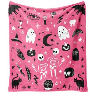 Yiyhuxf Halloween Blanket,Cute Kawaii Ghost Skeleton Goth Occult Creepy Witch Pumpkin for Women,Halloween Flannel Fleece Throw Blanket for Home Living Room Bed Chair Decor Pink 60"x50"