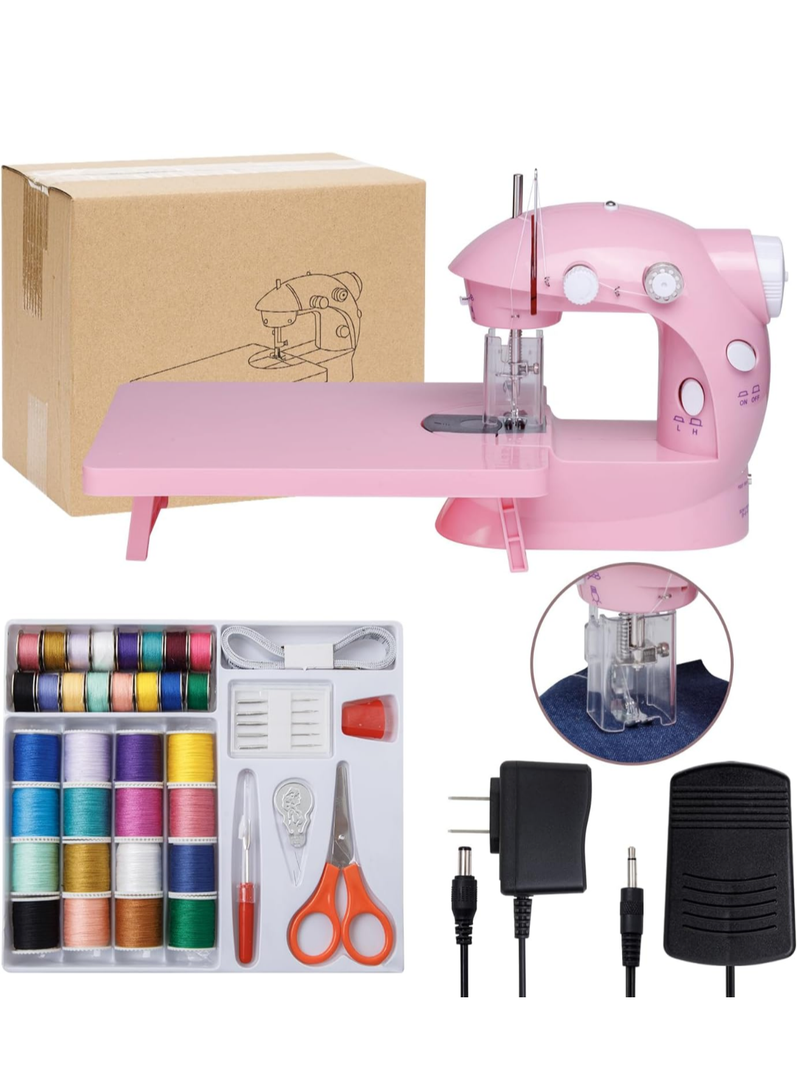 Sewing Machine for Beginners with Expansion Table and Foot Pedal and 42Pcs Sewing kit Finger Guard & Light Mini Small Portable Sewing Machines 2-Thread 2-Speed 2-Switches for Kids Ages 8-12 Peach Pink