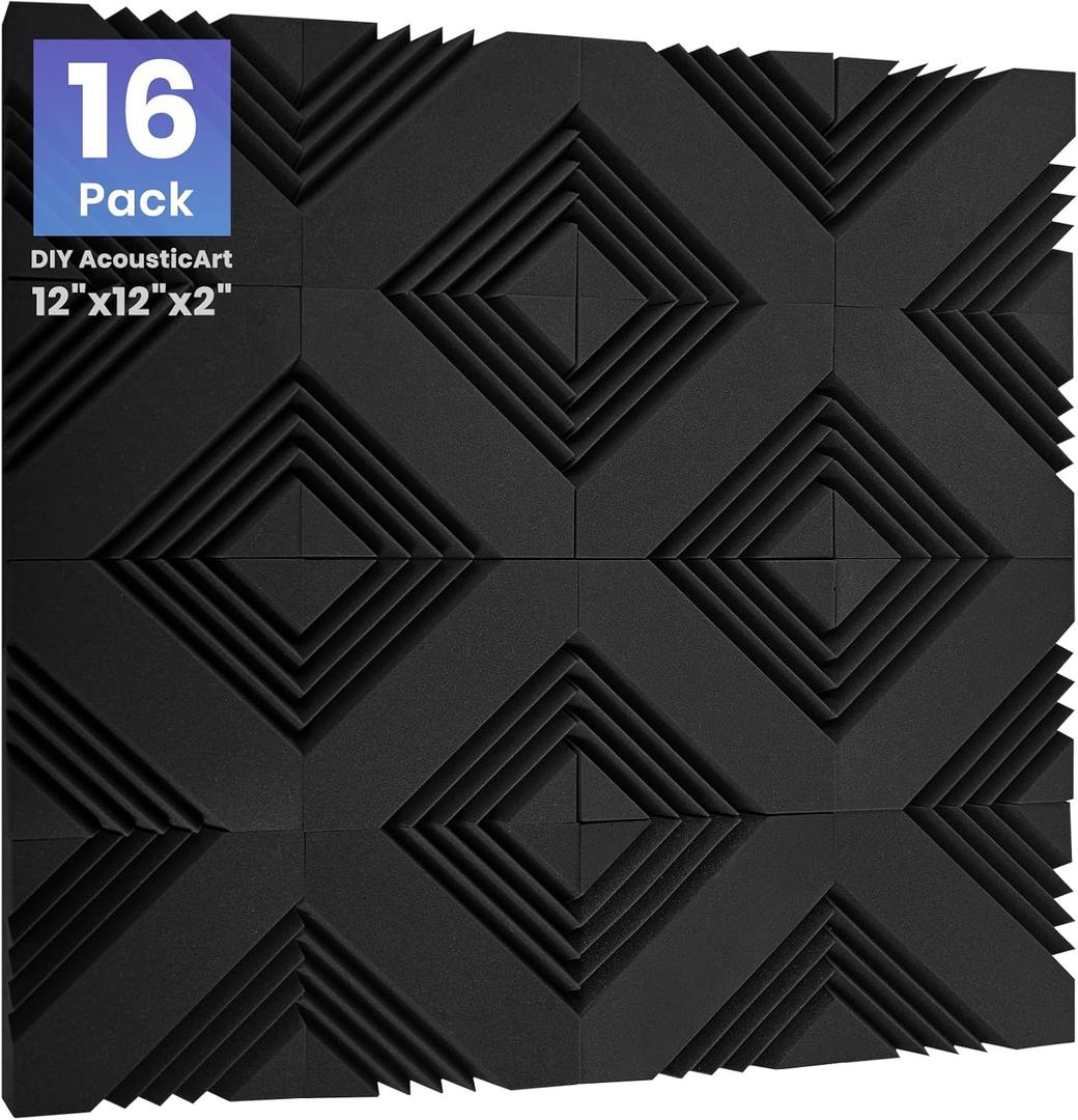 Focusound 16 Pack Sound Proof Foam Panels for Walls, 2" x 12" x 12" Acoustic Foam Panels, Sound Absorbing Wedge Acoustic Wall Panels with 90 Adhesive Dots for Recording Studio, Office, Gaming Room