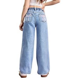 WDIRARA Girl's Bow Print Back Zipper Fly Elastic High Waist Denim Pants Basic Wide Leg Jeans (Blue), 8Y