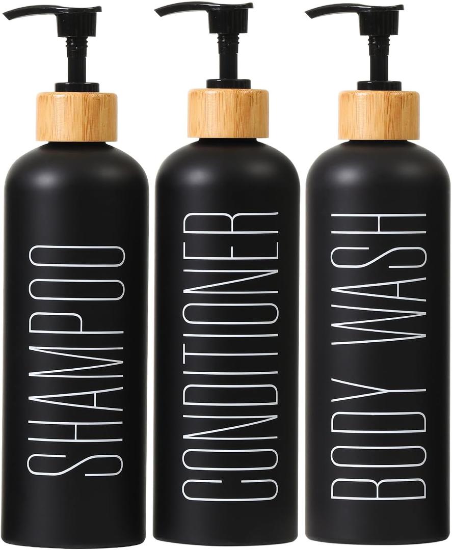 HOMCDALY 16oz 3-Pack Refillable Black Bathroom Shower Set - Empty Bottles with Pump for Shampoo, Conditioner, or Body Wash