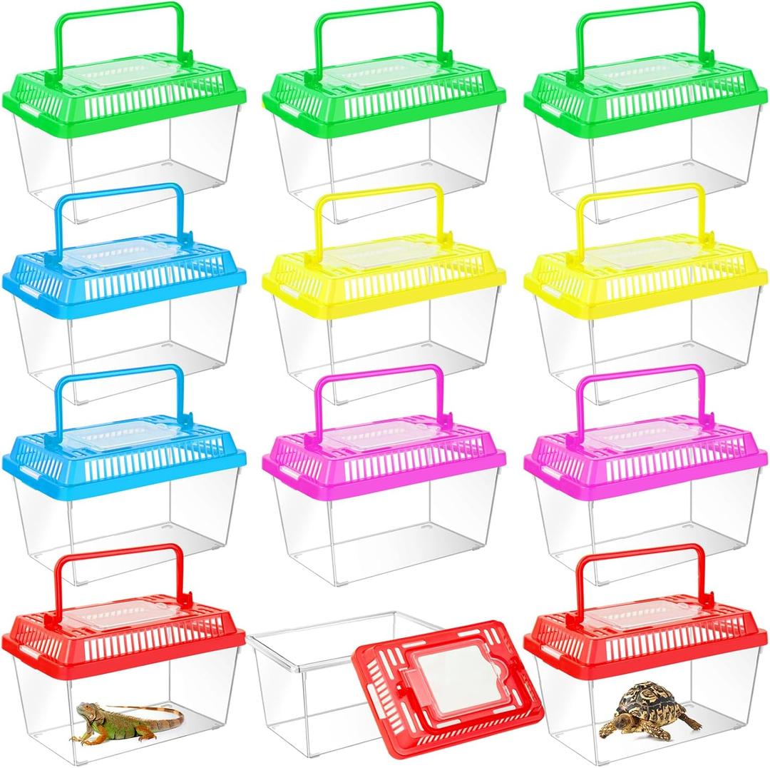 12Pcs Plastic Reptile Terrariums Carrier Cage Tarantula Enclosure Snake Breeding Box Hatching Container Transparent Fish Tank Turtle Aquarium with Random Color Lid for Spider, XS(5.1” x 3.5” x 3.5”)