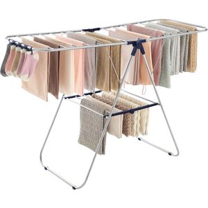 SONGMICS Clothes Drying Rack, with Sock Clips, Metal Laundry Rack, Foldable, Space-Saving, Free-Standing Airer, with 2 Height-Adjustable Gullwings, Indoor Outdoor Use, Silver and Blue ULLR52BU