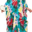 Women Kaftan Dresses Plus Size V-Neck Batwing Sleeves Beach Cover Up 2025 Summer Floral Print Caftan Dress (Green Fireworks)