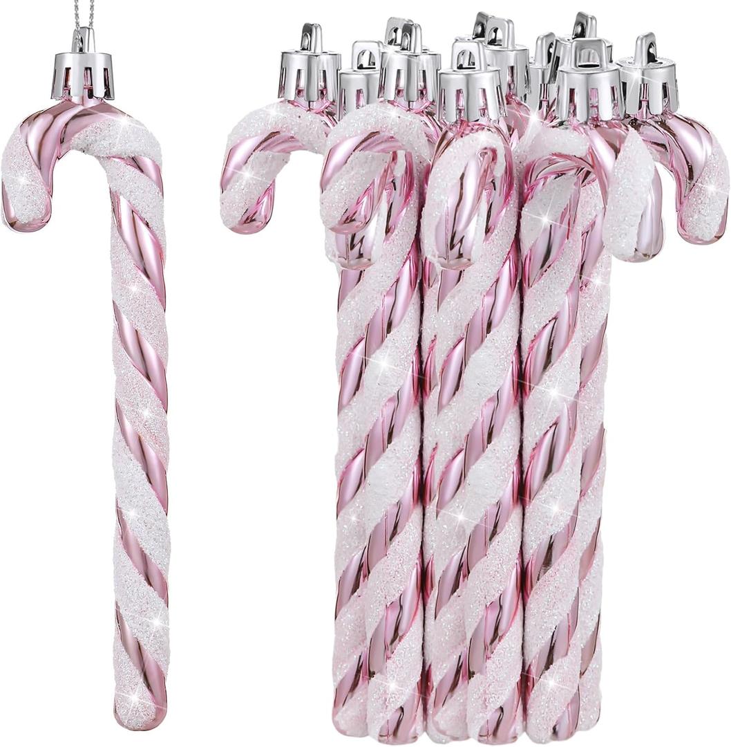 Sotiff Christmas Candy Canes Ornaments Plastic Glitter Candy Cane Christmas Tree Hanging Decorations for Holiday Party Favors (Pink and White,36pcs)