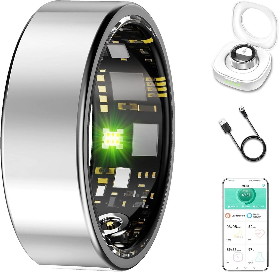 Smart Ring for Women & Men, Fitness Tracker with Heart Rate, Blood Oxygen, Blood Pressure, Sleep Monitoring, Step Counting, IP68 Waterproof for iPhone and Android Silver 9