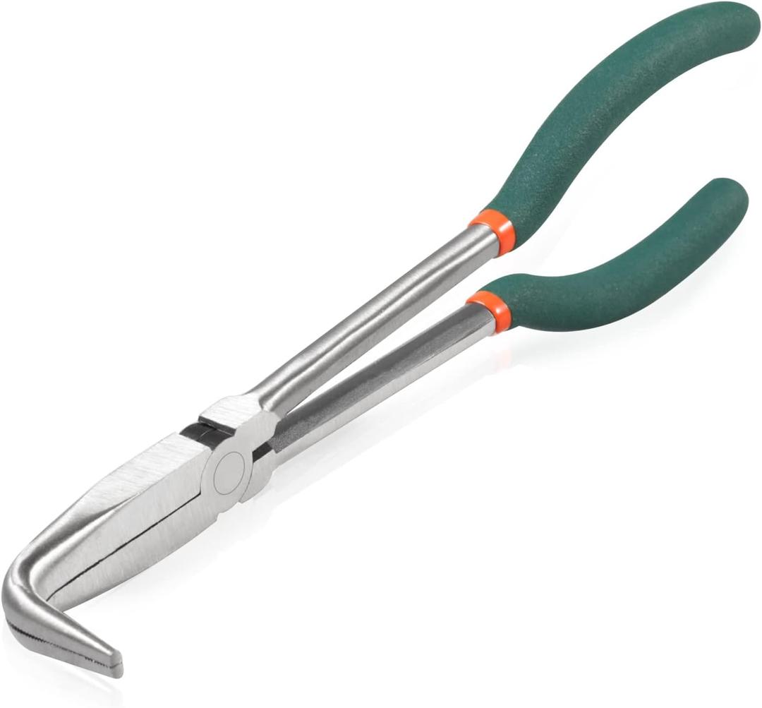 SPEEDWOX Long Reach Bent Nose Pliers 10 Inches 90 Degree Intermeshed Teeth Precision Fine Pliers for Hard to Reach Narrow Spaces High Leverage Reduce Efforts Non-slip Handle