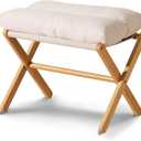 Baveke Ottoman Foot Rest Bamboo Foldable Stool, Foot Stools Small Ottman with Upholstered & X Legs, Folding Stool for Makeup, Bedroom and Living Room (Small Beige)
