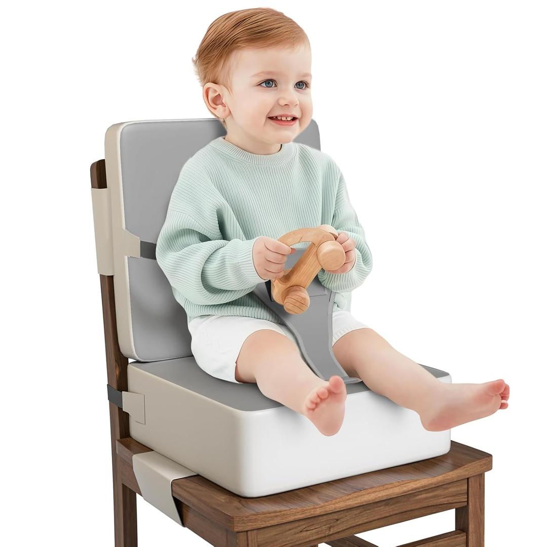 Booster Seat for Kitchen Chair, Toddler Booster Seat for Dining Table with Backrest and Safety Buckles, Portable Non-Slip Bottom Toddler Booster seat for Table (White Gray)