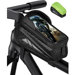 Bike Phone Holder Bag, EVA Waterproof Bicycle Front Frame Bag, Bike Accessories Cycling Pouch with Sensitive TPU Touch-Screen, Bicycle Phone Mount with Rain Cover for Phone under 7" (Black, 7 inch)
