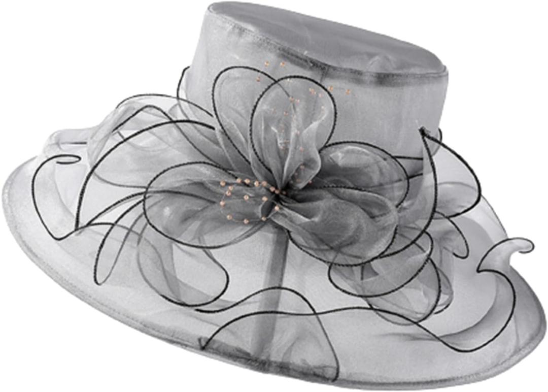 Wide Brim Organza Hat Dress Hat for Women Lady Tea Party Derby Noble Church Wedding Cap (One Size, Grey)
