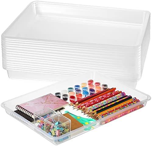 Maitys 7 Pcs Flat Plastic Trays 16.1 x 11.8'' Sensory Storage Tray Paper Stackable Classroom Bins for Office Home Organizer Arts and Crafts Supplies(Clear)