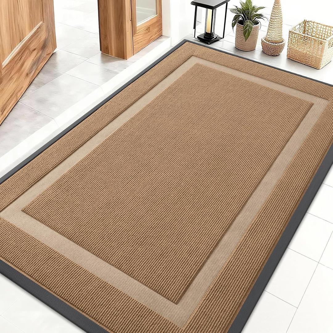 OLANLY Front Door Mat Indoor Outdoor Entrance, Waterproof All-Season, All-Weather Doormat, Sturdy Natural Rubber, Fade Resistant, Low Profile, Easy Clean Patio Porch Entryway Mat, 47x32, Light Brown