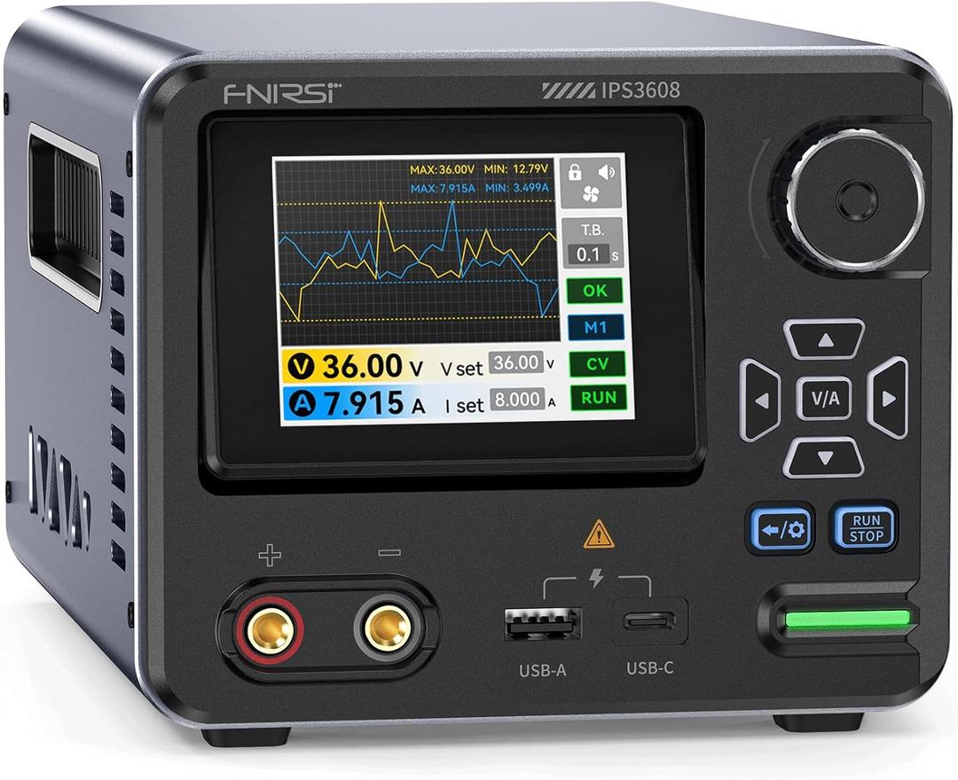 FNIRSI IPS3608 DC Power Supply Variable, 36V 8A Bench Power Supply with <10mV Low Ripple, Aluminum Shell, USB-A&Type-C Port, Day/Night Dual UI, 4-Digit IPS Display, PC Programmable, 6 Preset Data