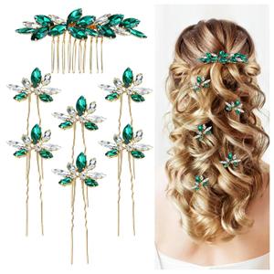Dizila 7 Pieces Decorative Emerald Green Party Prom Wedding Bridal Rhinestone Hair Side Comb+U-shaped Hair Pins Accessories for Women Girls Brides Bridesmaids
