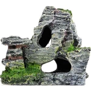 Resin Aquarium Mountain Decor with Moss Rock Cave - Multi-Level Terrain for Fish Tank Landscaping, Natural-Looking Rockery Design with Hidden Cave and Crevices for Shrimp, Reptile Habitat Aquascaping