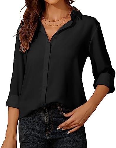 YAMANMAN Womens Button Down Shirt Long Sleeve Classic Collared Tops Work Office Casual Chiffon Blouse.L