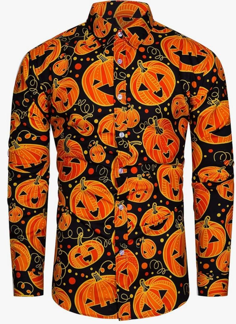 TUNEVUSE Men Halloween Shirts Adult Pumpkin Print Long Sleeve Casual Button Down Shirt Costumes Size 3XL