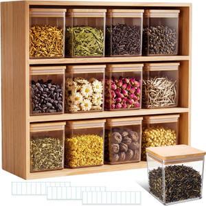 Suclain Loose Leaf Tea Organizer Bamboo, 12 Canisters with Lids
