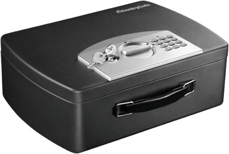 SentrySafe Portable Black Safe Box with Digital Keypad Lock, Small Steel Travel Safe with Carrying Handle for Money, Passport, 0.21 Cubic Feet, 4.4 x 13 x 10 Inches, P021E