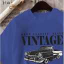 Women's Graphic Letter Tee Crew Neck Drop Shoulder Trendy Summer T Shirt Short Sleeve Vintage Car Print Top (Blue, M)