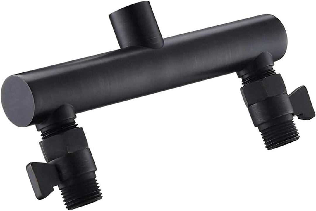 AZOS Black Double Outlet Manifold with Brass Shut Off Valves, Bathroom Two Fixed Shower Head Manifold - Can Connect 2-Showerheads - All Brass Adapter, Double Enjoyment