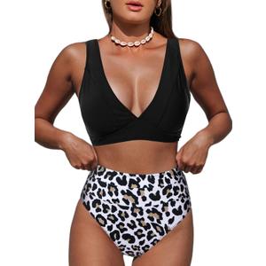 Hilinker Women's Leopard Bikini Swimsuits V Neck High Waisted 2 Piece Bathing Suits (Medium)