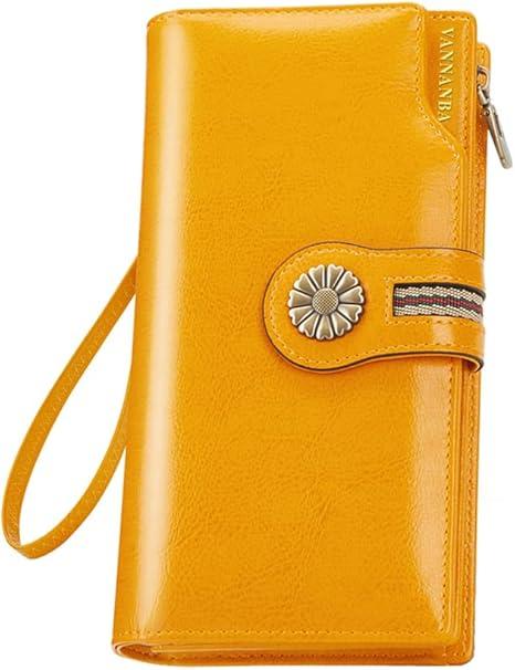 VANNANBA Large Capacity Clutch Wallet For Women RFID Blocking Waxed Genuine Leather Zipper Wallet Ladies Card holder (Yellow)